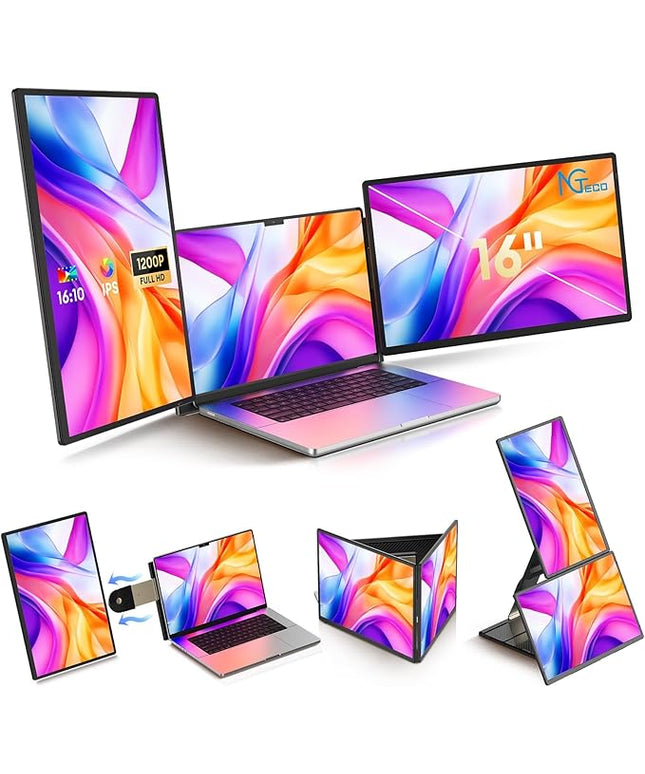 NGTeco 16" Laptop Triple Screen Extender, 1200P IPS Portable Monitor for Laptops 13-17", with Type-C/HDMI/USB-A, Plug & Play, Compatible with Windows/Mac/Chrome OS
