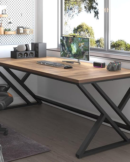 LVB Rustic Large Computer Desk, Extra Long Industrial Home Office Desk, Wood Pc Writing Work Study Computer Table Desk, Farmhouse Workstation Gaming Executive Desk for 2 Person, Rustic Oak, 78.7 Inch