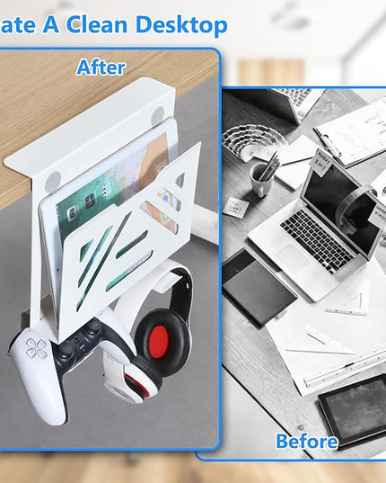 MAXECHO Desk Side Storage, Under Desk Laptop Mount, Table Side Hanging File Organizer, No Drill Clamp On Cable Management Tray, Laptop Holder with 2 Hooks for Office and Home, Load 22 Lbs