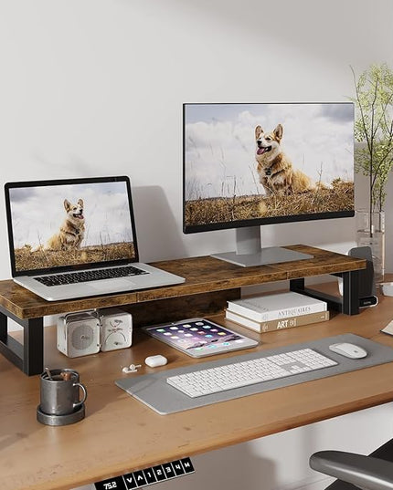 WESTREE Dual Monitor Stand Riser, Wood and Steel Monitor Stand Riser, Computer Monitor Stand for 2 Monitors, Multi-Purpose Desktop Storage Stand for Computer,Laptop,Printer,TV