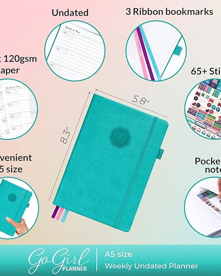 GoGirl Planner and Organizer for Women – A5 Size Weekly Planner, Goals Journal & Agenda to Improve Time Management, Productivity & Live Happier. Undated – Start Anytime, Lasts 1 Year – Turquoise