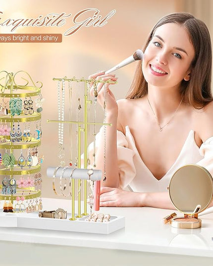 Jewelry Earring Holder Organizer, Adjustable 5 Tiers Rotating Earring Holder 3 Tier Necklace Holder with Wooden Base, Multi-Functional Jewelry Organizer Display Stand for Studs Bracelet Women(Gold)