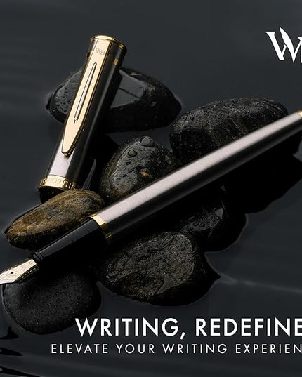 Wordsworth & Black Fountain Pen Set, 18K Gilded Medium Nib, Includes 24 Pack Ink Cartridges, Ink Refill Converter & Gift Pouch, Gold Finish, Calligraphy, [Silver Gold], Perfect for Men & Women