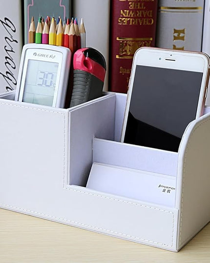 KINGFOM Desk Organizer Office Supplies Caddy Pu Leather Multi-function Storage Box Pen/Pencil,Cell phone, Business Name Cards Remote Control Holder White