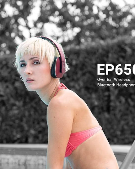 August EP650 Bluetooth Wireless Over-Ear Headphones with aptX Low Latency, NFC, Multipoint Pairing, Wired Option, Built-in Microphone - Red