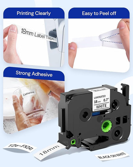 Replacement for Brother P Touch TZe-FX241 Flexible-ID Tape 18mm 0.7 Laminated White TZe TZ Flexible Label Tape for PT-D400, PT-D410, PT-D460BT, PT-D600, PT-D610BT, Black on White, 26.2 Feet, 4-Pack