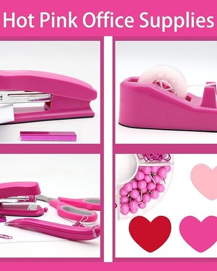 Hot Pink Office Supplies, UPIHO Hot Pink Desk Accessories, Stapler and Tape Dispenser Set for Women with Stapler, Tape Dispenser, Staple Remover, Staples, Clips, Scissor and Sticky Notes for Students