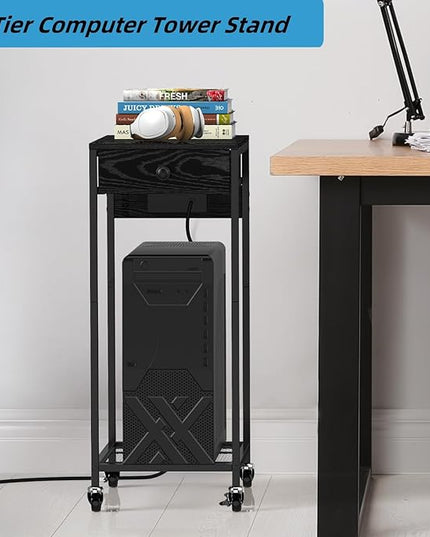 2 Tier Computer Tower Stand with Drawer, CPU Holder Stand with Charge Station and USB Charging Port, Printer Cart with Wheels for Home Office Fax, Black