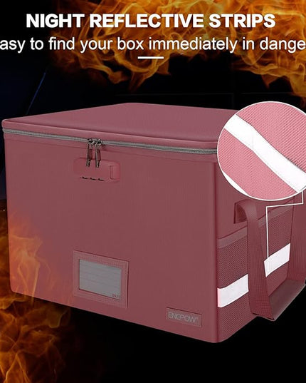 ENGPOW File Box with Lock, Fireproof Document Box with Zipper＆Pockets, Collapsible File Organizer Filing Storage Cabinet with Handle, Portable Home Office Safe for Hanging Letter/Legal Folder, Pink