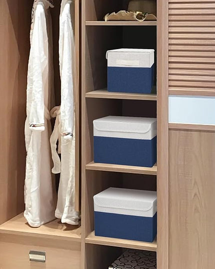 Large 22 Quart Linen Fabric Foldable Storage Bin Cube Organizer Basket with Flip-Top Lid & Handles, Clothes Blanket Box for Home, Office, Closet, Navy Blue & White, 4 Pack 14.6 x 9.5 x 9.5