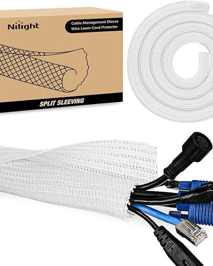 Nilight Cable Sleeve, 10ft-1inch Cord Management Sleeves, Braided Sleeving, Split Self Wrapping Wire Loom for Computer Electrical Automotive Harness Protector Organizer, White