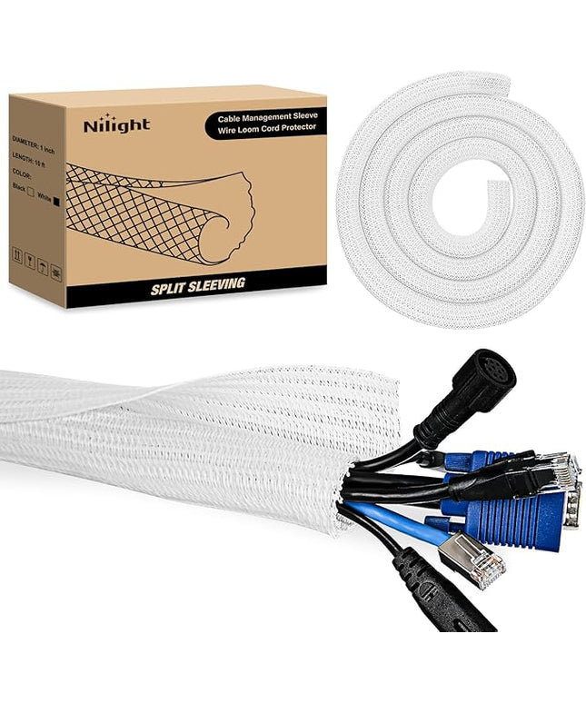 Nilight Cable Sleeve, 10ft-1inch Cord Management Sleeves, Braided Sleeving, Split Self Wrapping Wire Loom for Computer Electrical Automotive Harness Protector Organizer, White