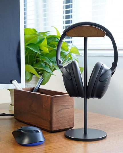 GEVO Headphone Stand for Desk, Walnut Wood & Aluminum Headset Stand, Universal Walnut Gaming Headset Holder with Solid Heavy Base for AirPod Max, Bose, Sony All Headphone Sizes (Circular Base)