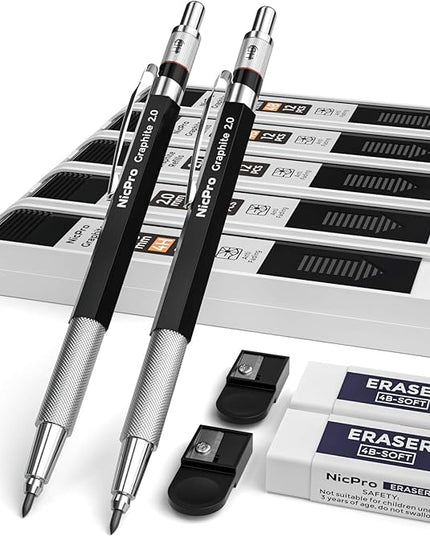 Nicpro 2mm Metal Mechanical Pencil Set, 2PCS Lead Holder 2.0 mm Marker Artist Carpenter Pencils with 120 Graphite Lead Refill (HB 2H 4H 2B 4B & Color), 2 Eraser for Drafting, Drawing Writing Sketching