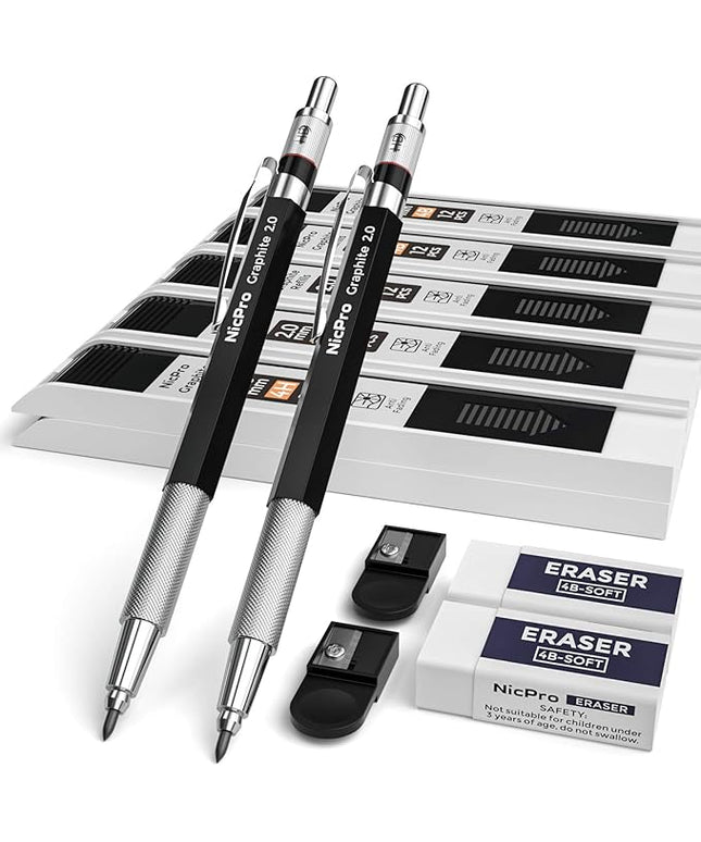 Nicpro 2mm Metal Mechanical Pencil Set, 2PCS Lead Holder 2.0 mm Marker Artist Carpenter Pencils with 120 Graphite Lead Refill (HB 2H 4H 2B 4B & Color), 2 Eraser for Drafting, Drawing Writing Sketching