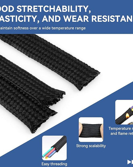 YOUBO Polyamide Braided Sleeving, 33ft Expandable Wire Loom Abrasion Resistant Split Cable Sleeve for Automotive Harness, Computer Case & Cable Management (Black, 20mm（25/32"）)
