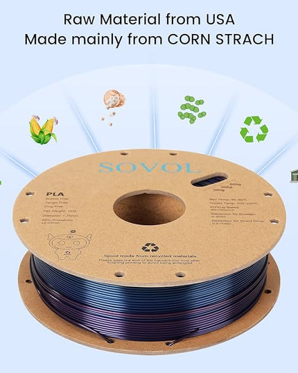 Sovol 3D Printer Silk Shiny Multicolored Fast Change Rainbow PLA 1kg (2.2 lbs) Spool 3D Printing Materials, Dimensional Accuracy +/- 0.03 mm, 1.75 mm, Purple Rainbow