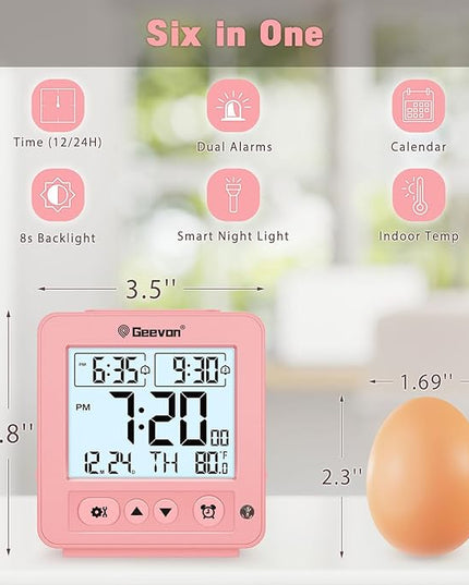 Geevon Smart Night Light Small Digital Alarm Clock with 2 Increasing Beep Alarm, Indoor Temperature, Battery Operated Travel Clock for Bedroom, Bedside, Desk(Pink)