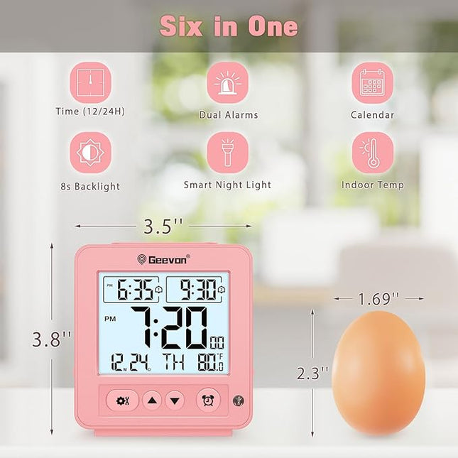 Geevon Smart Night Light Small Digital Alarm Clock with 2 Increasing Beep Alarm, Indoor Temperature, Battery Operated Travel Clock for Bedroom, Bedside, Desk(Pink)
