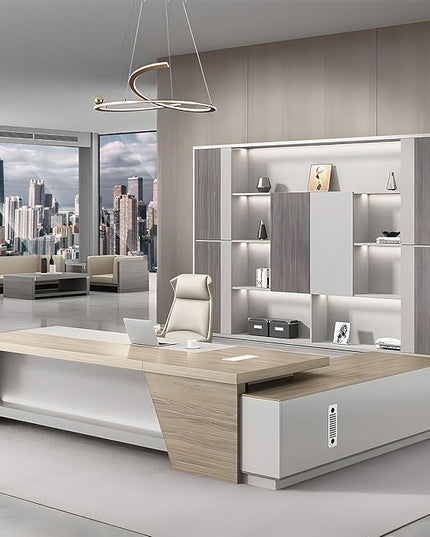 L-Shape Modern Executive Desk Dual Tone Finish, L-Shape Office Executive Desk Without Chair, Integrated Cable Management, Lockable Storage, Boss's Desk (Left Cabinet, 86.6"*30"*63")