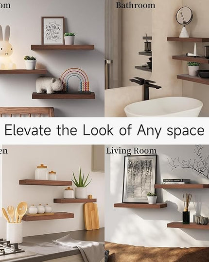 BAYKA Floating Shelves for Wall, Wall Mounted Rustic Wood Shelves for Bathroom, Bedroom, Living Room, Kitchen,Small Hanging Shelf for Books/Storage/Room Decor (Walnut-Like, Set of 3, 15.7in)