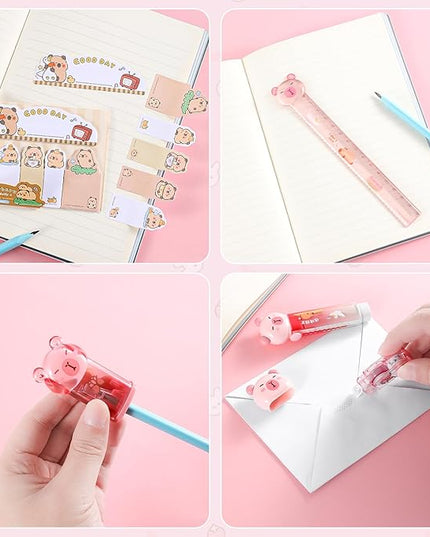 Kogcmeetl 7 Pcs Cute Capybara Stationary Set Kawaii School Supplies Japanese Stationery, Includes Pencil Sharpener, Eraser, Correction Tape, Glue Tape, Sticky Notes, Ruler, for Office School Supplies