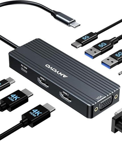 ANYOYO USB C Docking Station Dual HDMI Monitor Adapter 8-in-1 USB C HUB 3 Monitors Adapter with 4K HDMI +VGA +PD100W+Audio Laptop Docking Station for Dell/Lenovo/HP/Samsung/ASUS (Black)
