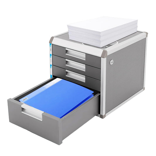 Unnsiapit Desk Organizer with 4 Drawers, Metal Desktop Storage Cabinet File Holder with Locks and Keys, Filing Case Literature Organizer for Office Home, L12.4*D13.8*H11.7in, Silver & Grey