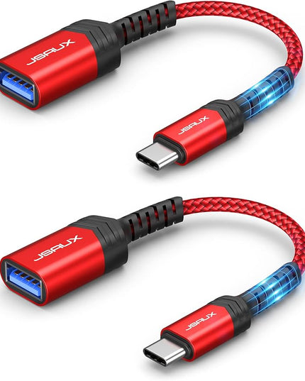 JSAUX USB C to USB Adapter [2 Pack], Type C 3.0 OTG Cable On The Go Type C Male to USB A Female Adapter Compatible with MacBook, iPhone 16 Pro Max/16 Plus/16e/15, Samsung Galaxy S25/S24/S23-Red