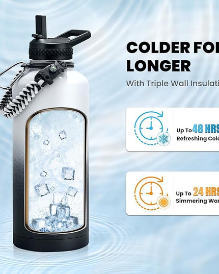 Insulated Water Bottle 87 oz, Triple Wall Vacuum Stainless Steel (Cold for 48 Hrs), Leak Proof & Non-BPA, Modern Water Flask Jug with Paracord Handle & Straw Spout Lids, Ombre: White/Black