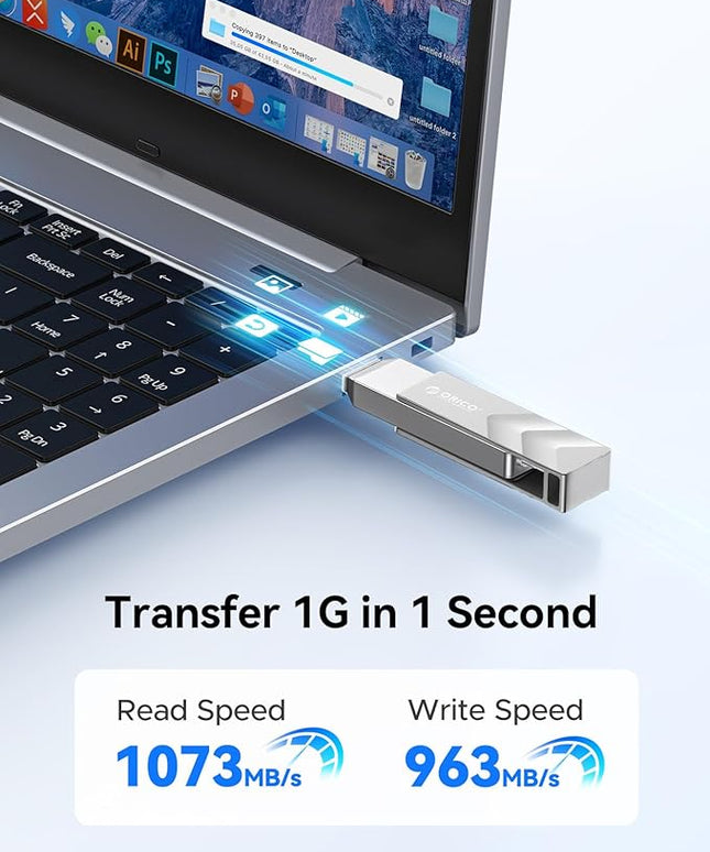 ORICO 1TB Portable Solid State Drive, 1050MB/s Dual-Port Rotating Metal External SSD with 90° Click-Stop, Reliable Storage for iPhone 17, 16 Series, Type-C Smartphone, Mac, Audio, Vehicle - A101