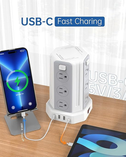 Power Strip Surge Protector, 10 Ft Extension Cord with 12 AC Multiple Outlets 4 USB (1 USB C), SMALLRT Power Tower Desktop Charging Station (White, 16.4 FT)