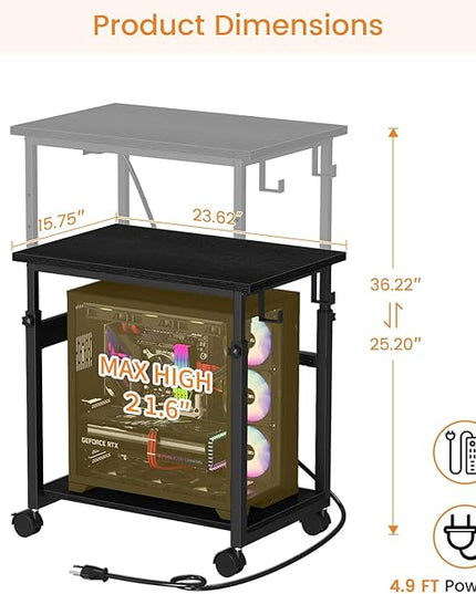 Snughome Extra-Large Computer Tower Stand with Charging Station, Adjustable PC Tower Stand for Floor 25.2"-36.22", PC Stand with Locking Wheels Mobile Rolling CPU Holder Cart for Gaming Office Home