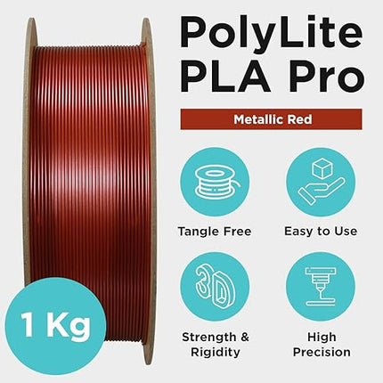Polymaker PLA PRO Filament 1.75mm 1kg, Tough & High Rigidity Metallic Red 3D Printing Filament, PolyLite PLA PRO 3D Printer Filament 1.75mm, Print with Most 3D Printers