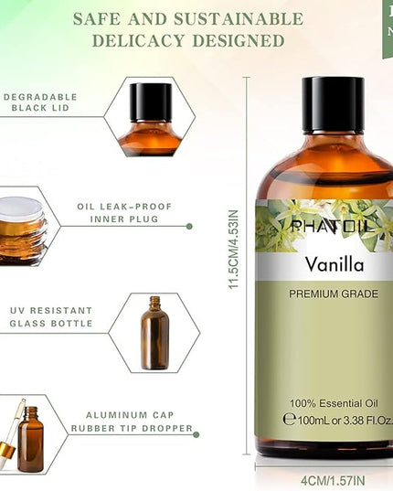 PHATOIL 100ML Vanilla Essential Oil, Huge 3.38fl.oz Bottle Vanilla Oil, Pure Aromatherapy Essential Oils for Diffuser, Humidifier, Scented Oils for Soap, Candle Making