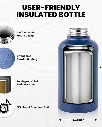 Insulated Water Bottle 64 oz, Triple Wall Vacuum Stainless Steel (Cold for 48 Hrs), Leak Proof & Non-BPA, Half Gallon Water Flask Jug with Paracord Handle & Straw Spout Lids, Navy Blue