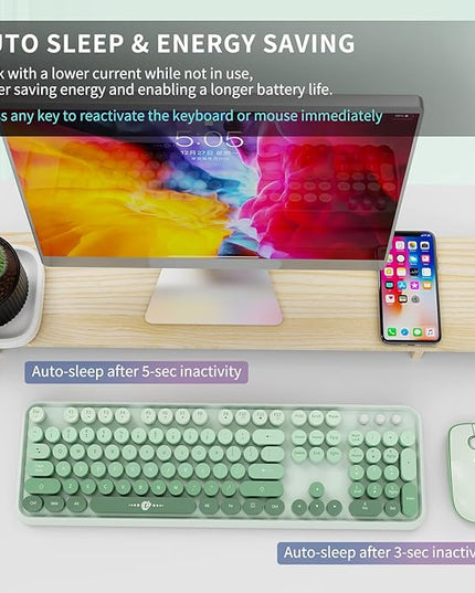 FOPETT Wireless Keyboard and Mouse Combo - 2.4G Full-Sized Cute Colorful Mouse and Keyboard with 104 Round Keys Retro Typewriter Keyboard for Laptop/Windows/PC - Green Gradient