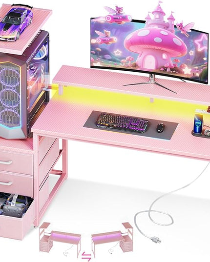AODK 52 Inch Gaming Desk with USB Charging Ports & LED Light- Reversible Computer Desk with Storage Shelves & Monitor Stand, Modern Gamer Desk Table with Fabric Drawers & Side Hook, Carbon Fiber Pink