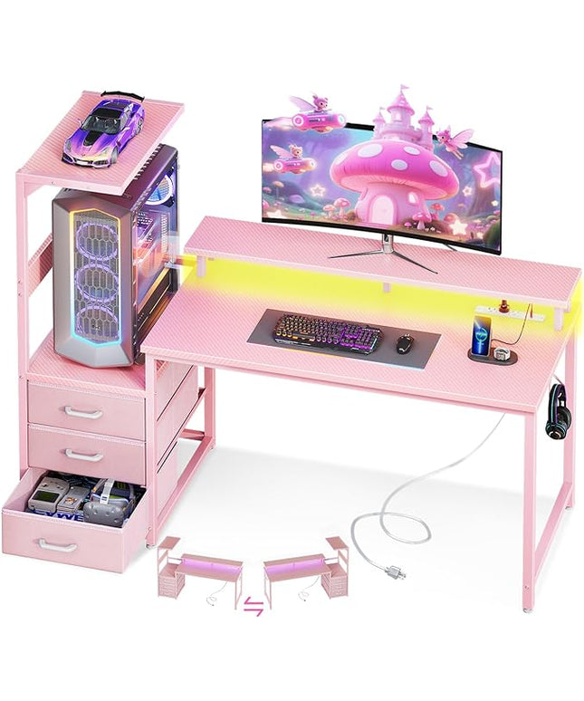 AODK 52 Inch Gaming Desk with USB Charging Ports & LED Light- Reversible Computer Desk with Storage Shelves & Monitor Stand, Modern Gamer Desk Table with Fabric Drawers & Side Hook, Carbon Fiber Pink