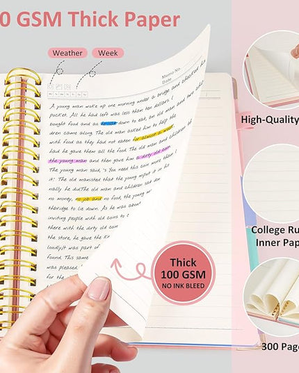 Hardcover Spiral Notebook Journal, 8"x10" Large B5 Notebooks with Removable Dividers Tabs, 300 Pages Leather 5 Subject Notebook College Ruled, Journal for Work School Note, 100 GSM Thick Paper,Pink