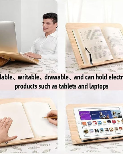Reading Rack Wooden Bookshelf - Book Stand Foldable with 8 Adjustable Positions and Page Clips,Suitable for cookbooks、iPads、laptops、Sheet Music、and Reading Stands(13.4x9.45inch)