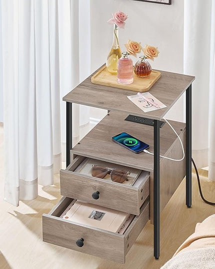 HOOBRO End Table with Charging Station, Bedside Table with 2 Drawer & USB Port & Type-C Port, Nightstand for Small Spaces, Stable and Sturdy, for Living Room, Greige and Black BG43UBZ01