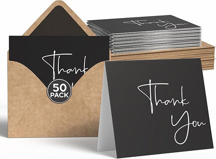 VNS Creations 50 Pack Thank You Cards With Envelopes, Stickers, 3.5x5 Inch Blank Thank You Notes - Bulk Box Set Notes for Graduation, Wedding, Small Business, Baby & Bridal Shower Card - Black