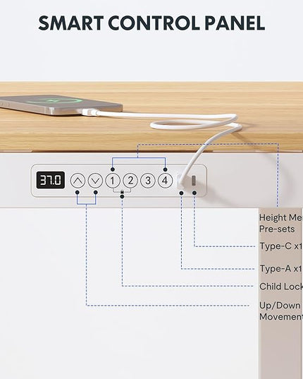 FLEXISPOT 55" Electric Standing Desk with Drawers, Quick Assembly Home Office Sit Stand Desk with Storage, USB Charging, Computer Desk for Home Office (Maple Top + White Adjustable Frame, Comhar)