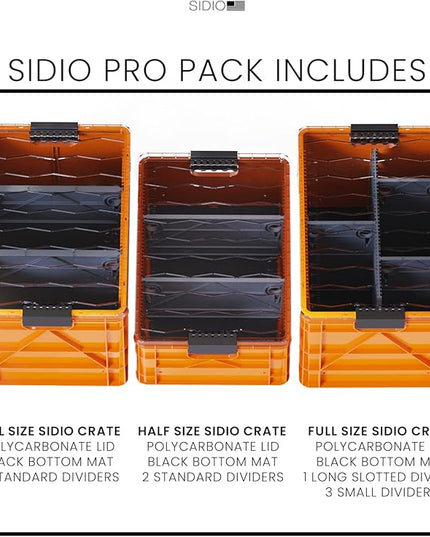 SIDIO Crate Pro Pack - 2 Full-Size & 1 Half-Size Heavy Duty Stackable Storage Bins, Totes and Containers with Lids and Dividers - Durable Plastic Organizer for Home, Office, Garage, and Outdoor Use