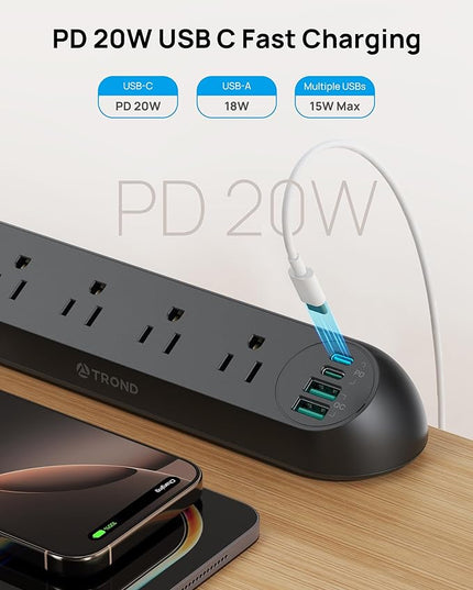 TROND Desk Clamp Power Strip USB C PD 20W- Surge Protector with 4 AC Outlets 4 USB Ports, Flat Plug 6ft Extension Cord, 1700J, ETL Listed, Fits 1.97 in Tabletop Edge, for Home Office Desk Accessories