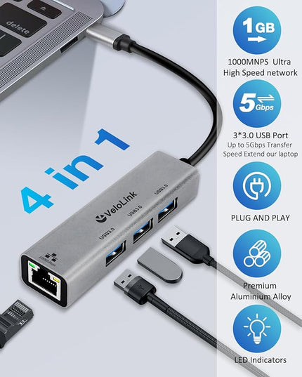 4-in-1 USB 3.0 Hub with Gigabit Ethernet Adapter for Laptop, PC, MacBook Pro (RJ45 TYPEC HUB 01)