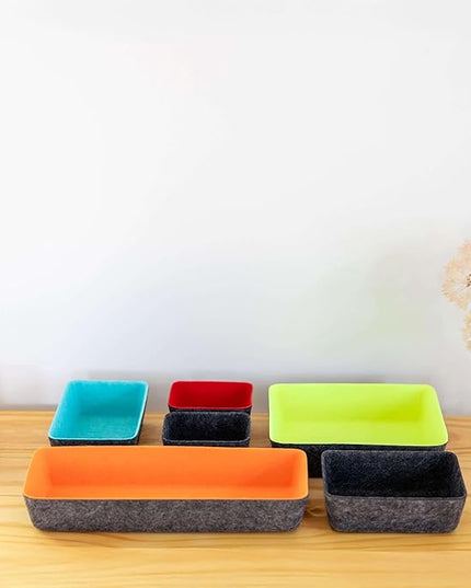 Three by Three Seattle Felt·Like·It! Felt Bins for Office, Crafts, Classroom, Living Room, Bedroom: Includes Expandable Sliding Bin for Custom Fit, Multicolor, Set of 8
