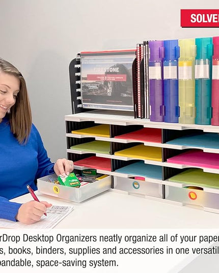 Desktop Organizer 12 Letter Tray Sorter with Hanging File Topper & 3 Supply Drawers - TierDrop Desktop Organizer Stores All of Your Documents, Books, Binders and Supplies in One Compact Modular System