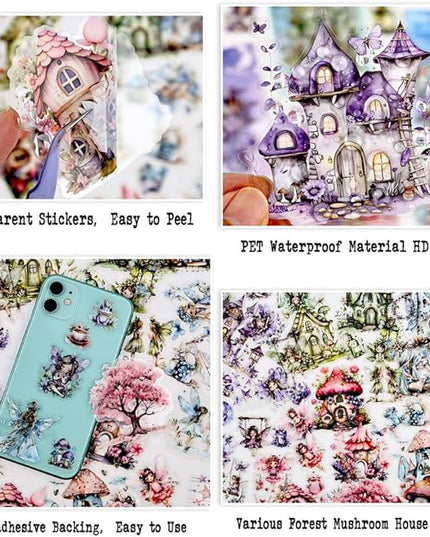 Dwpetzo Scrapbook Fairy Stickers for Scrapbooking Supplies, 80 Pcs Transparent PET Forest Mushroom House Scenery Stickers Ephemera for Junk Journals, Journaling, Collage, Art Crafts